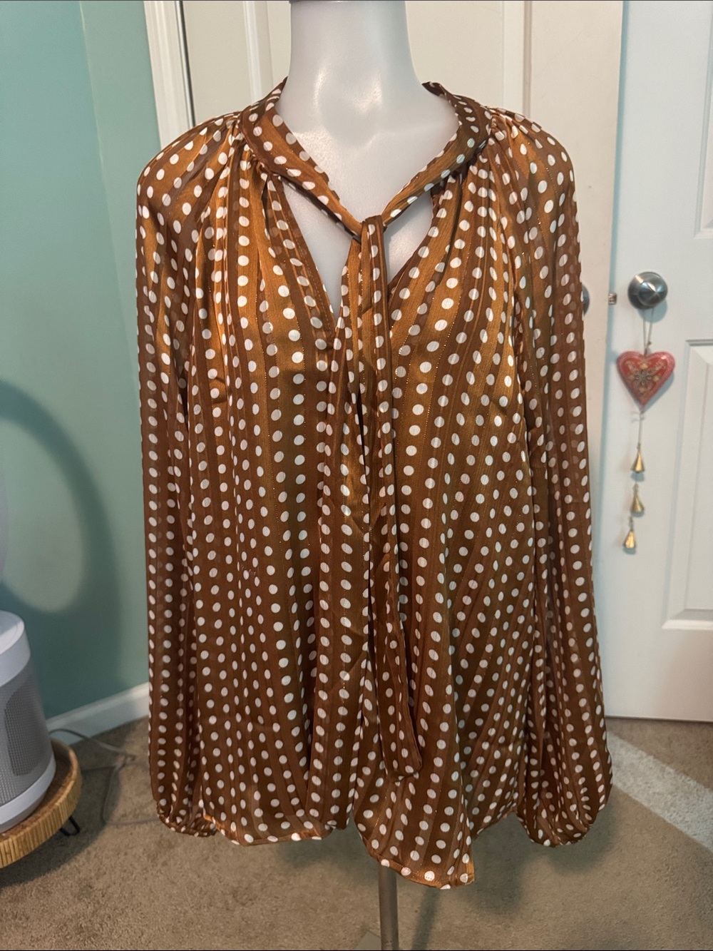 Women's Brown Polka Dot Tie-Neck Blouse